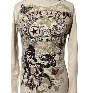 Bid & Bridle Cowgirl Long sleeve shirt Womens medium tan Horse Graphic Studded
